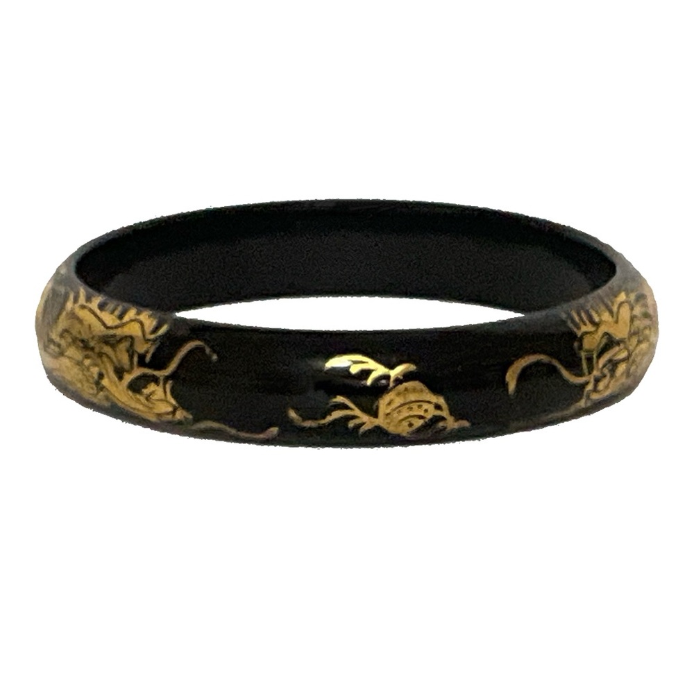 Black Lacquer Bangle Bracelet with Gold Dragon Design - Picture 3 of 8